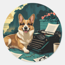 Adesivo Redondo Corgi Dog com pelo brilhante e uma safra cavalheir