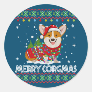 Adesivo Redondo Corgi Dog Feliz Papais noeis de Natal Corgi Ugly C