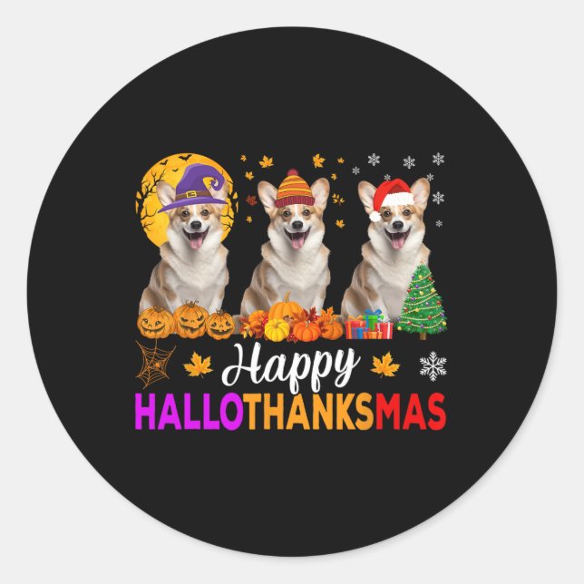 Adesivo Redondo Corgi Dog Halloween Natal Hallothanksmas (Frente)