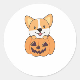 Adesivo Redondo Corgi Em Cachorros De Abóbora Feliz Halloween