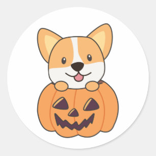 Adesivo Redondo Corgi Em Cachorros De Pumpkin Cute Feliz Halloween