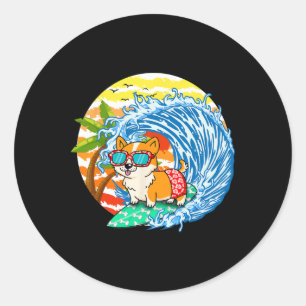 Adesivo Redondo Corgi Engraçado Cachorro Surfe Surfista Havaí Prai