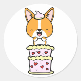 Adesivo Redondo Corgi engraçado pulando de um bolo