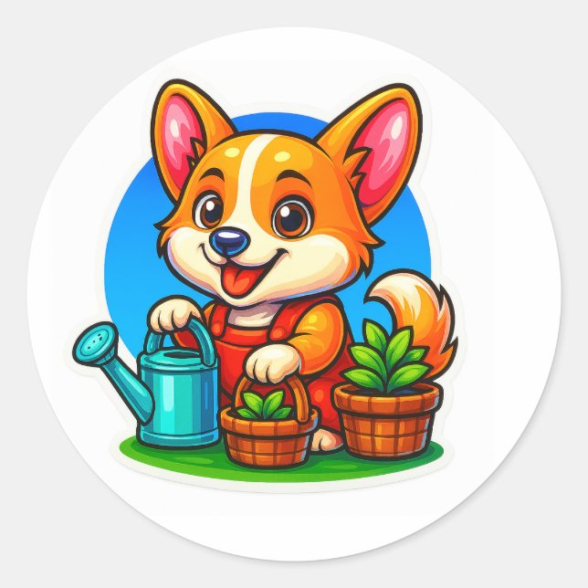 Adesivo Redondo Corgi Gardening Sticker (Frente)