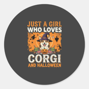 Adesivo Redondo Corgi Halloween Bruxa Menina Horror Vintage