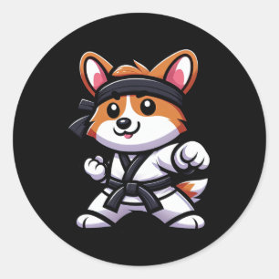 Adesivo Redondo Corgi Karate Engraçado Cachorro Artes Marciais Hom
