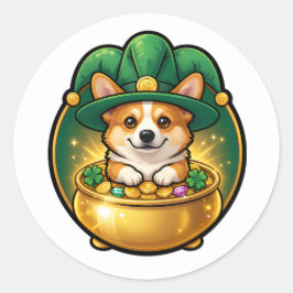 Adesivo Redondo Corgi Leprechaun Pot of Gold St. Patrick’s Day T