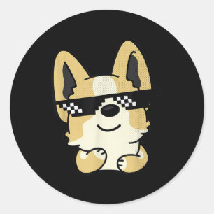 Adesivo Redondo Corgi Memória Pixel Óculos Solares Cachorro