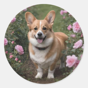 Adesivo Redondo Corgi Nas Rosas Rosa,