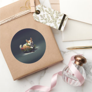 Adesivo Redondo Corgi Natal Inverno de Neve