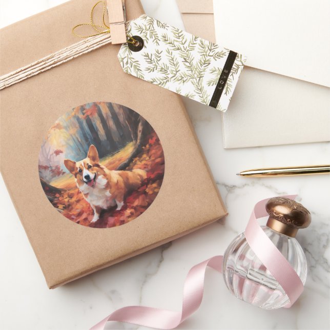 Adesivo Redondo Corgi no outono Folhas caem inspiração (Presentear)