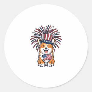 Adesivo Redondo Corgi Patriótico Fogos de Artifício Cão Desenho Ve