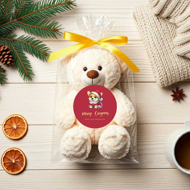 Adesivo Redondo Corgi Personalizado Adorável - Feliz de Córgmas (Personalized Adorable Corgi – Merry Corgmas Red Classic Round Sticker. Packaging Idea)