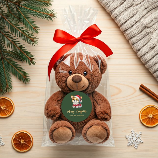 Adesivo Redondo Corgi Personalizado Adorável - Feliz de Córgmas (Personalized Adorable Corgi – Merry Corgmas Classic Round Sticker. green Packaging Idea)