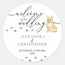 Adesivo Redondo Corgi puppy Dog Weding Welcome
