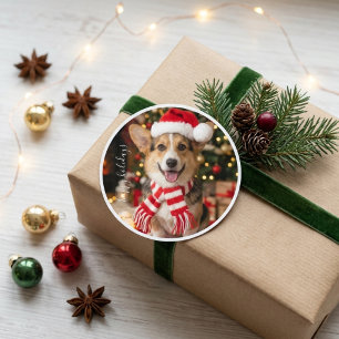 Adesivo Redondo Corgi Sorridente Cachorro de Natal Fofo