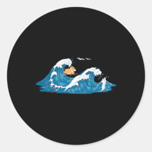 Adesivo Redondo Corgi Surfando Onda Cachorro Galês Filhote