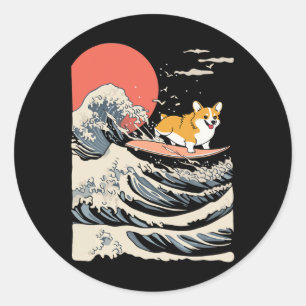 Adesivo Redondo Corgi Surfando Onda Japonesa _3 