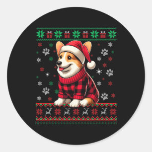 Adesivo Redondo Corgi Ugly Christmas Funny Santa Hat Xadrez Buffal