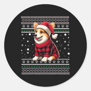 Adesivo Redondo Corgi Ugly Funny Santa Hat Buffalo Xadrez Natal