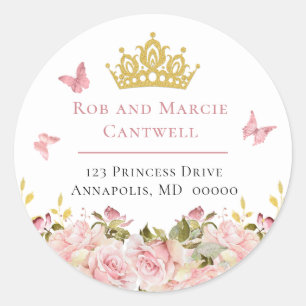Adesivo Redondo Coroa   Borboletas Floral Princess Return Address