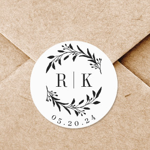 Adesivo Redondo Coroa Botânica de Noivado Monograma