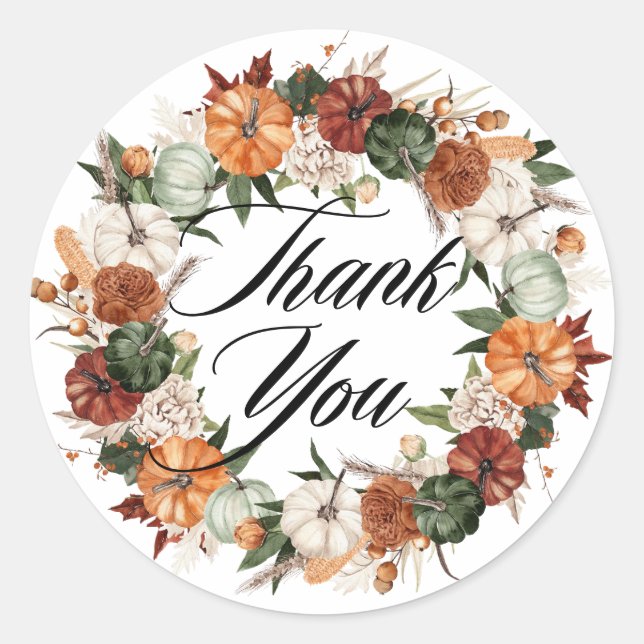 Adesivo Redondo Coroa de Abóboras Boho em Aquarela Outono Agradeci (Frente)