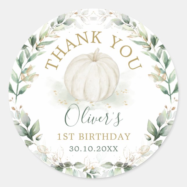 Adesivo Redondo Coroa de aniversário de abóbora pequena em verde e (Frente)