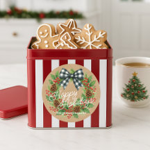 Coroa de Azevinho Rústica com Laço Xadrez Branco e