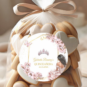 Adesivo Redondo Coroa de Borboleta Tiara Dourada Rosa Quinceañera