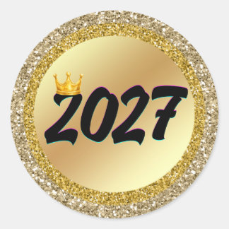 Adesivo Redondo Coroa de Brilho Dourado 2027 Ano Novo