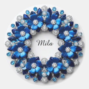 Adesivo Redondo Coroa de Diamantes Florais Azul Elegante