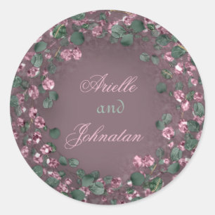 Adesivo Redondo Coroa de Eucalipto Favor de Casamento Rosa Mint Rú