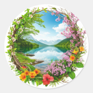 Adesivo Redondo Coroa de Flores da Primavera Enquadrando Montanha
