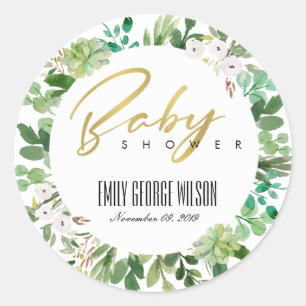 ADESIVO REDONDO COROA DE FOLHAGEM SUCULENTA AQUARELA CHUVEIRO DE B