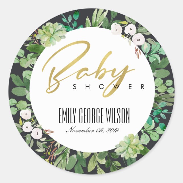 ADESIVO REDONDO COROA DE FOLHAGEM SUCULENTA AQUARELA CHUVEIRO DE B (Frente)