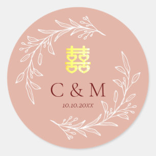 Adesivo Redondo Coroa de folhas rosa empoeirada boho para casament