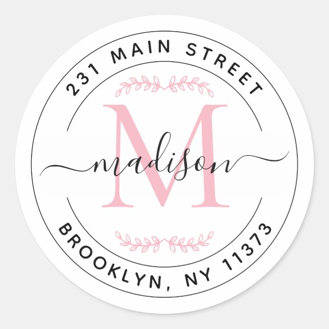 Adesivo Redondo Coroa de Monograma Rosa Elegante para Endereço de  (Frente)