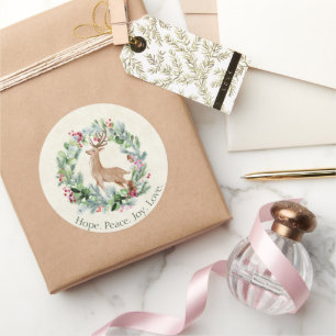 Adesivo Redondo Coroa de Natal aquarela com veado personalizado Ho