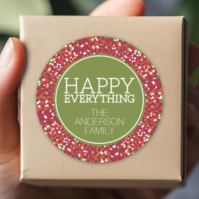 Adesivo Redondo Coroa de Natal com Feliz Tudo (Custom Sticker for Party Favors and Envelopes)