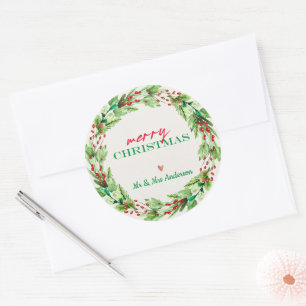 Adesivo Redondo Coroa de Natal com Folhas Verdes e Flores Vermelha