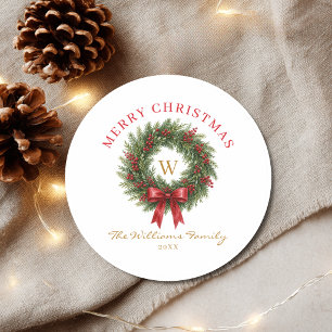 Adesivo Redondo Coroa de Natal com Laço Vermelho Monograma