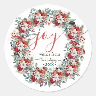 Adesivo Redondo Coroa de Natal com Letra Manual Joy Nome Vermelho