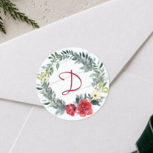 Adesivo Redondo Coroa de Natal com Monograma em Aquarela Rústica