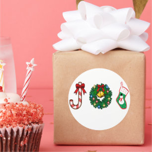 Adesivo Redondo Coroa de Natal com Pau Doce e Boneco de Neve Meia