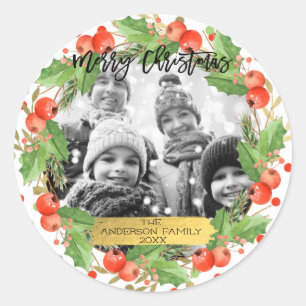 Adesivo Redondo Coroa de Natal em Aquarela Foto de Férias Feliz Na