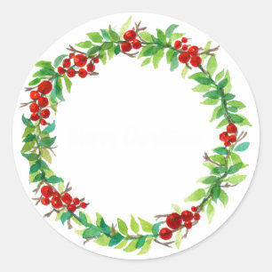 Adesivo Redondo Coroa de Natal festiva com bagas vermelhas