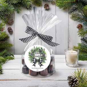 Adesivo Redondo Coroa de Natal Festivo com Laço Preto e Branco Nat