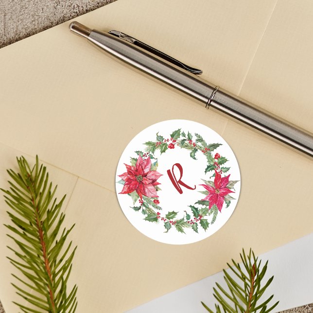 Adesivo Redondo Coroa de Natal Monograma (Monogram Christmas Wreath Classic Round Sticker)