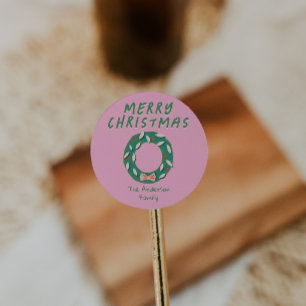 Adesivo Redondo Coroa de Natal Vintage Pintada à Mão Rosa Verde